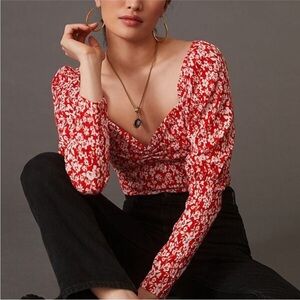 Anthropologie Sweetheart Red White Floral Peasant Boho Top Size XS